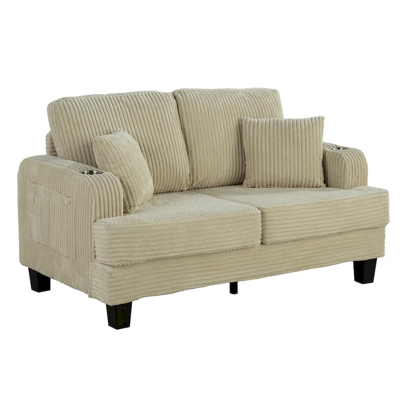 Canapé Loveseat Contemporain en Corduroy de 61 po avec 2 Coussins et Porte-gobelet