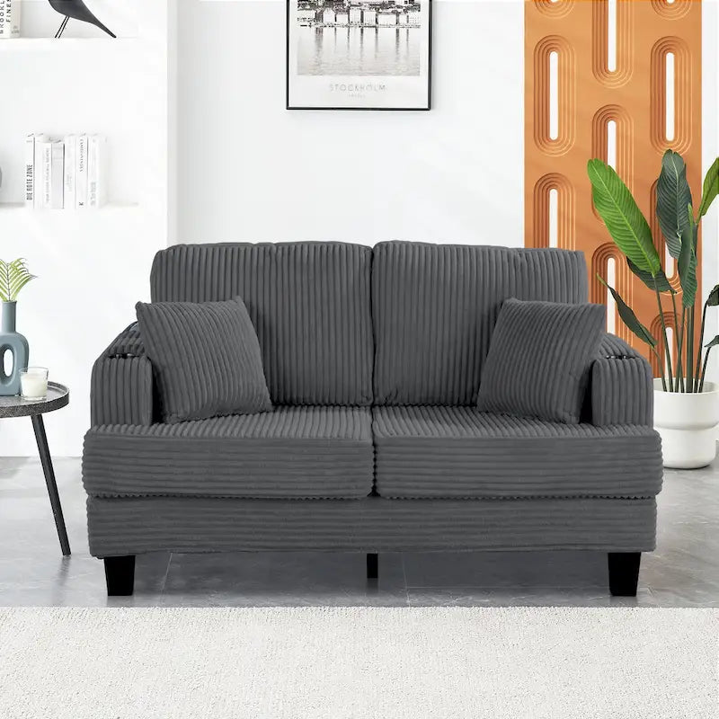 Canapé Loveseat Contemporain en Corduroy de 61 po avec 2 Coussins et Porte-gobelet