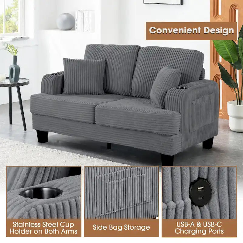 Canapé Loveseat Contemporain en Corduroy de 61 po avec 2 Coussins et Porte-gobelet