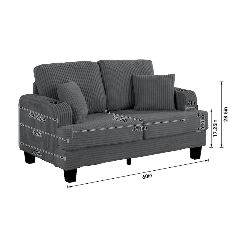 Canapé Loveseat Contemporain en Corduroy de 61 po avec 2 Coussins et Porte-gobelet