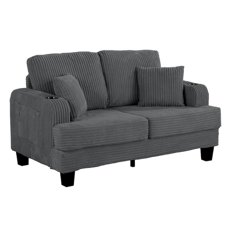 Canapé Loveseat Contemporain en Corduroy de 61 po avec 2 Coussins et Porte-gobelet