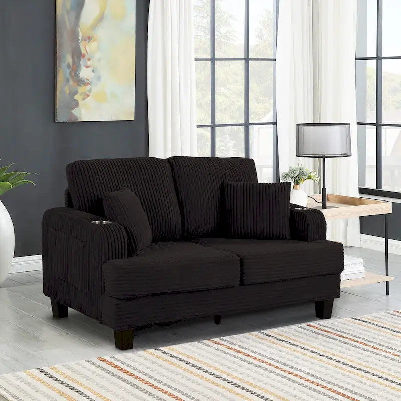Canapé Loveseat Contemporain en Corduroy de 61 po avec 2 Coussins et Porte-gobelet
