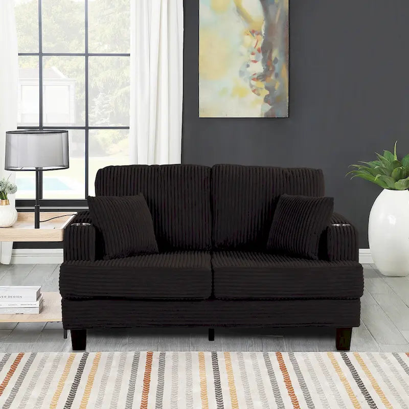 Canapé Loveseat Contemporain en Corduroy de 61 po avec 2 Coussins et Porte-gobelet
