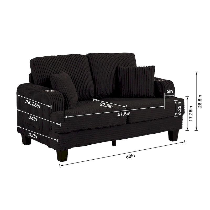 Canapé Loveseat Contemporain en Corduroy de 61 po avec 2 Coussins et Porte-gobelet