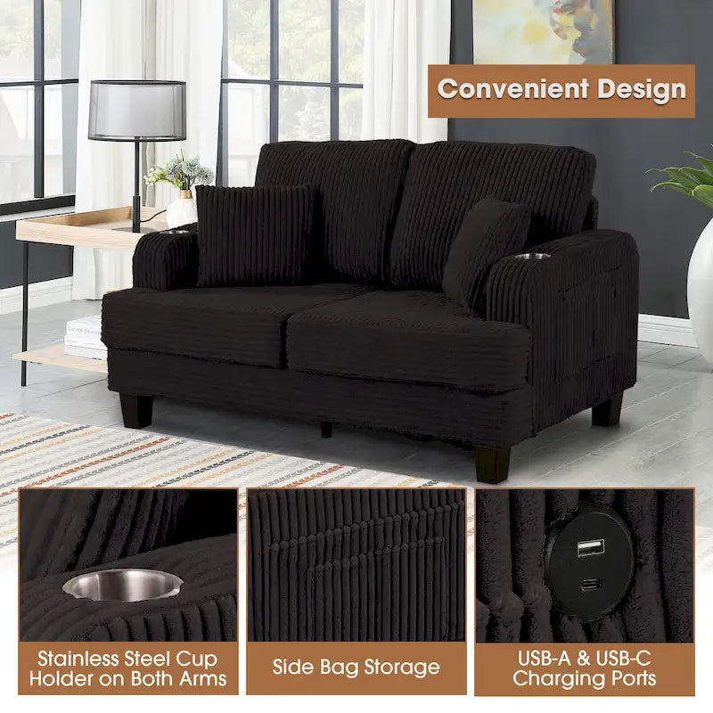 Canapé Loveseat Contemporain en Corduroy de 61 po avec 2 Coussins et Porte-gobelet