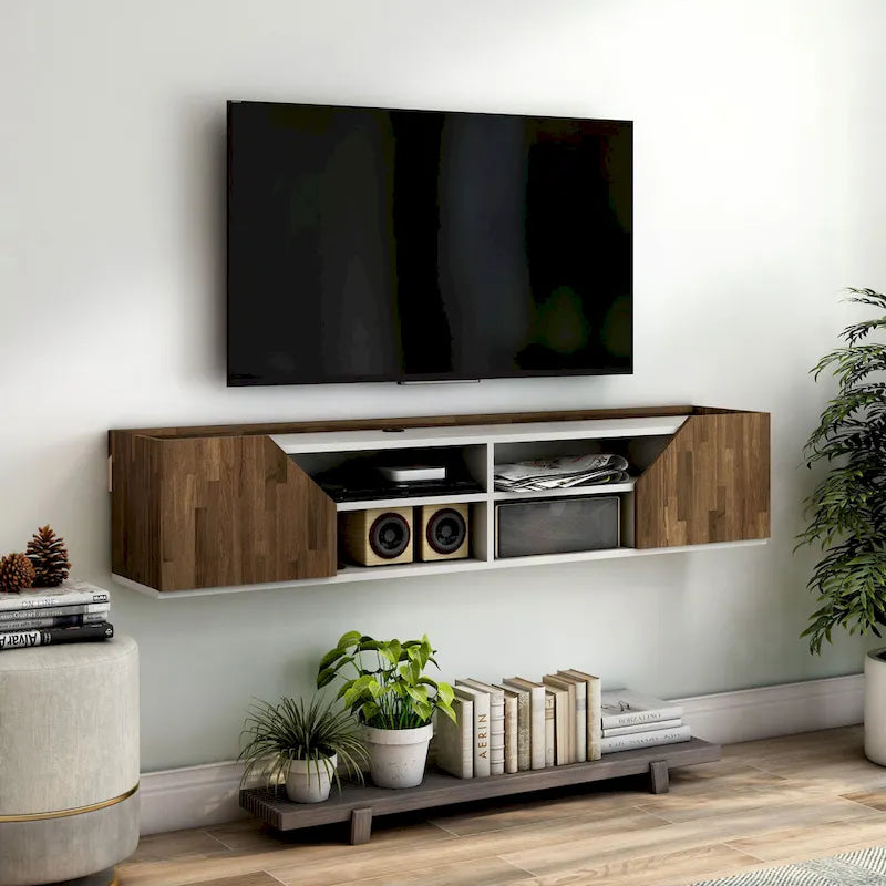 Meuble TV mural flottant de 155 cm de couleur bicolore et de style transitoire, avec 4 étagères
