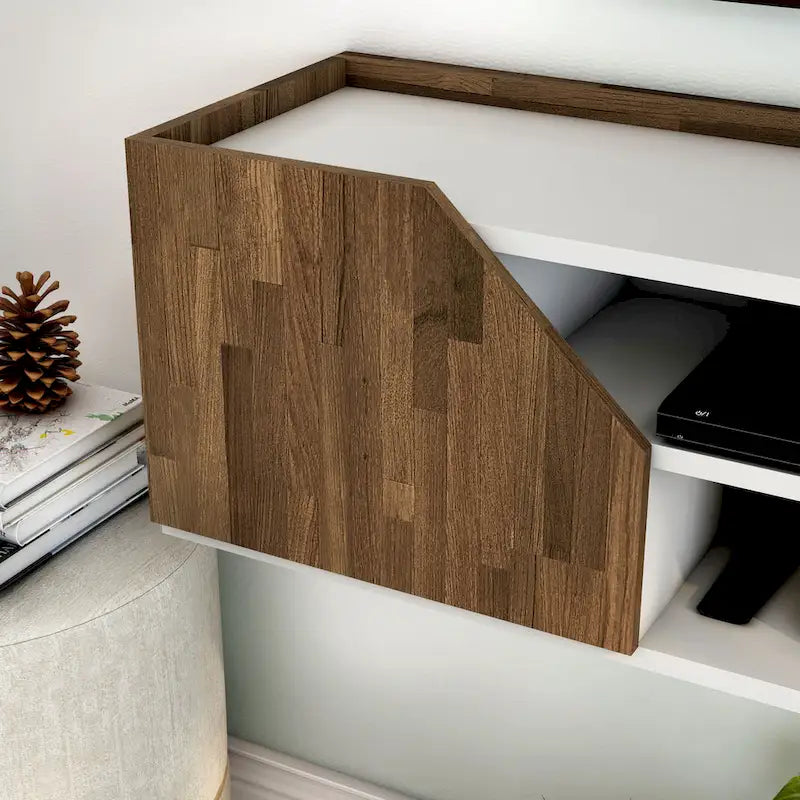 Meuble TV mural flottant de 155 cm de couleur bicolore et de style transitoire, avec 4 étagères
