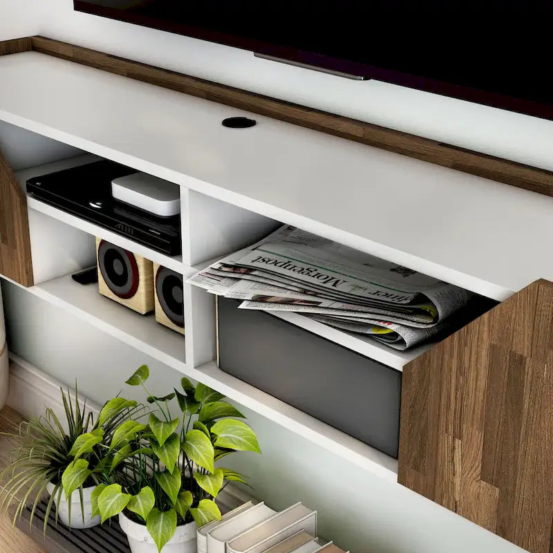 Meuble TV mural flottant de 155 cm de couleur bicolore et de style transitoire, avec 4 étagères