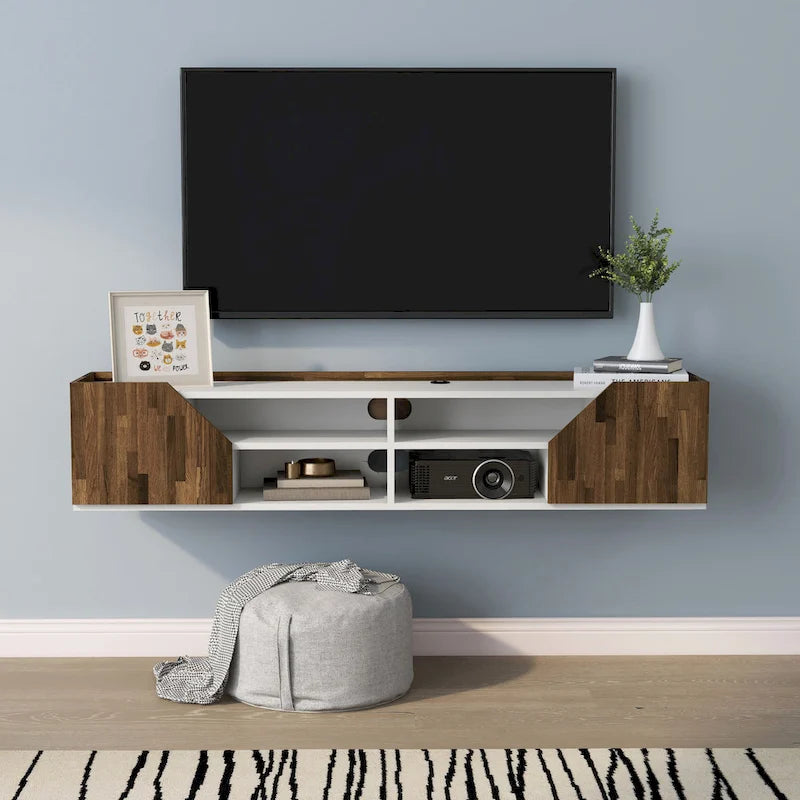 Meuble TV mural flottant de 155 cm de couleur bicolore et de style transitoire, avec 4 étagères