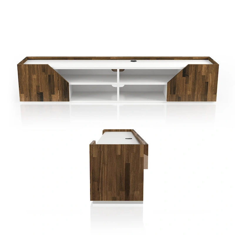 Meuble TV mural flottant de 155 cm de couleur bicolore et de style transitoire, avec 4 étagères