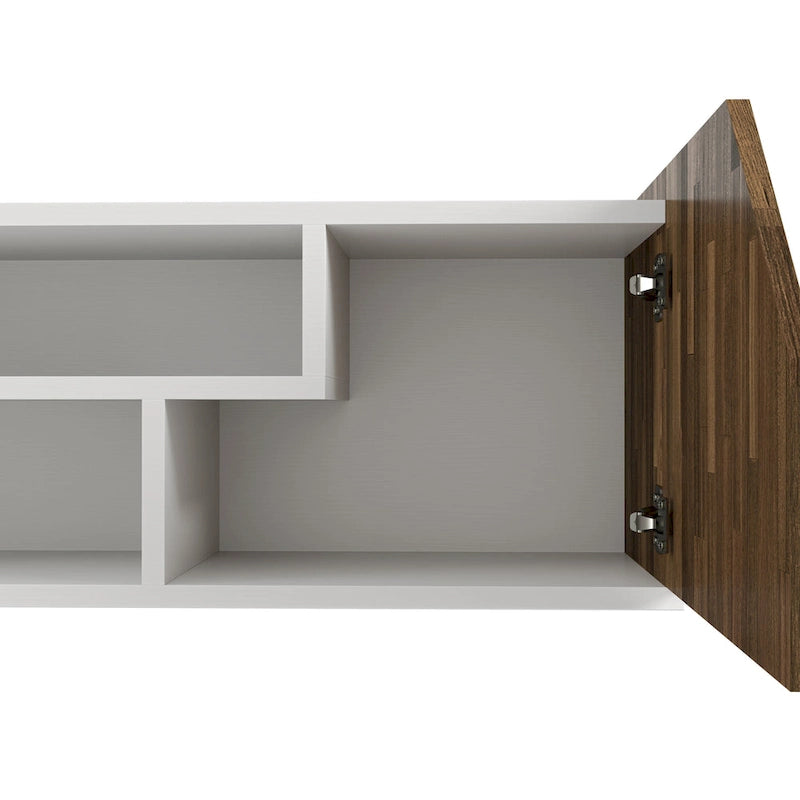 Meuble TV mural flottant de 155 cm de couleur bicolore et de style transitoire, avec 4 étagères