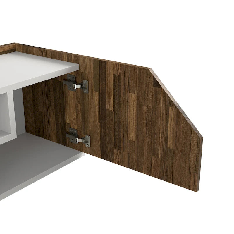 Meuble TV mural flottant de 155 cm de couleur bicolore et de style transitoire, avec 4 étagères