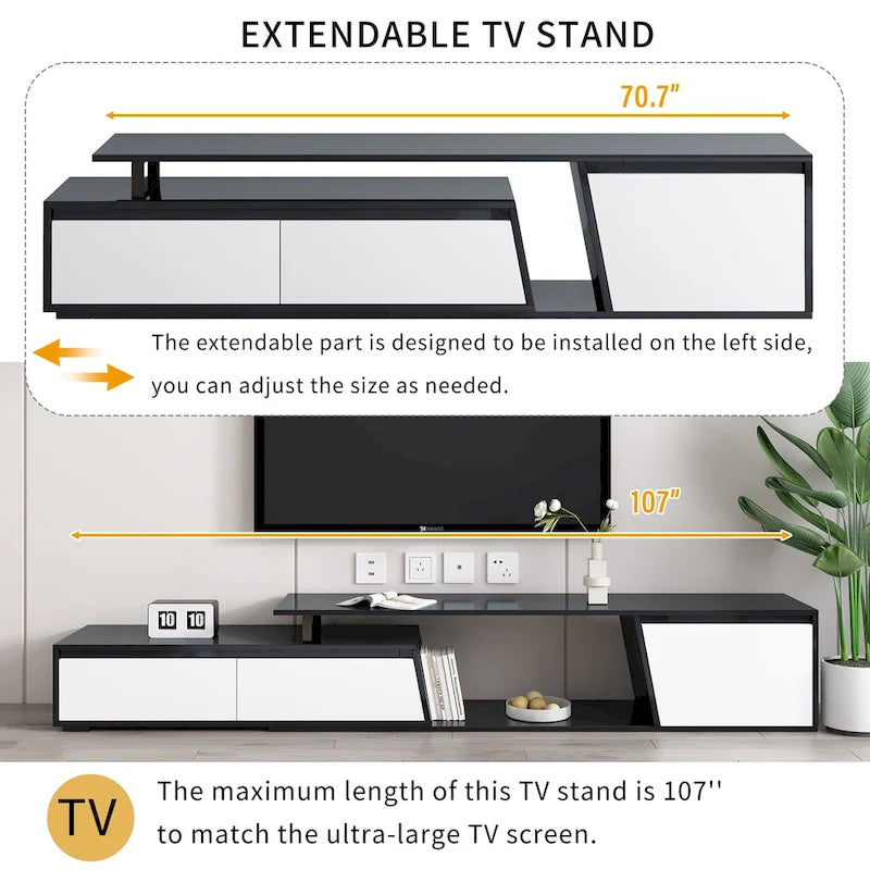 Meuble TV moderne minimaliste rectangulaire extensible 254 cm avec deux tiroirs - 15,70 x 70,70 x 15,70