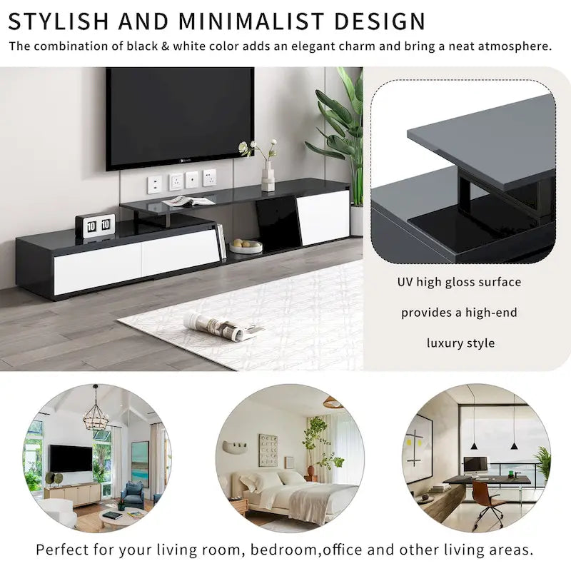 Meuble TV moderne minimaliste rectangulaire extensible 254 cm avec deux tiroirs - 15,70 x 70,70 x 15,70