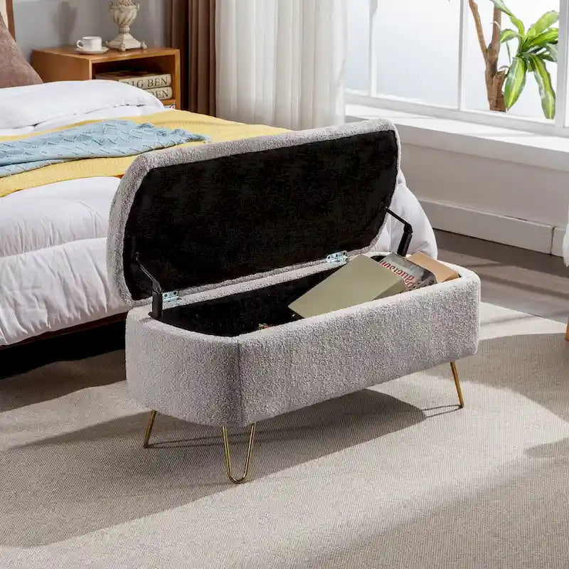 Banc d'entrée en fausse fourrure rembourré avec rangement