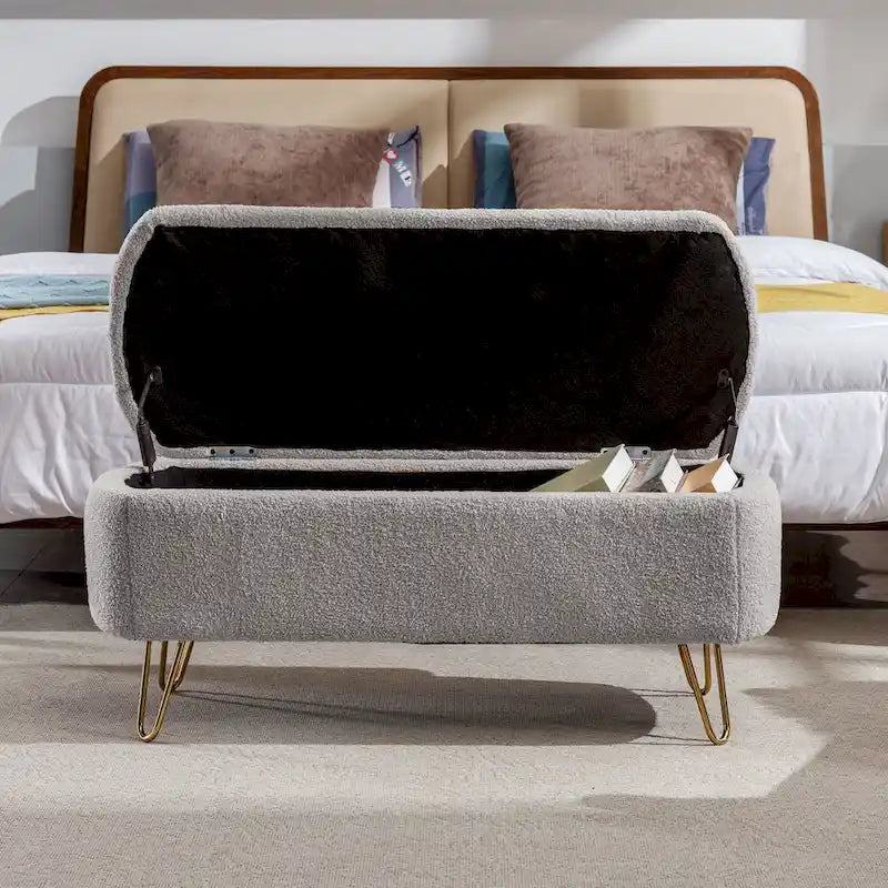 Banc d'entrée en fausse fourrure rembourré avec rangement