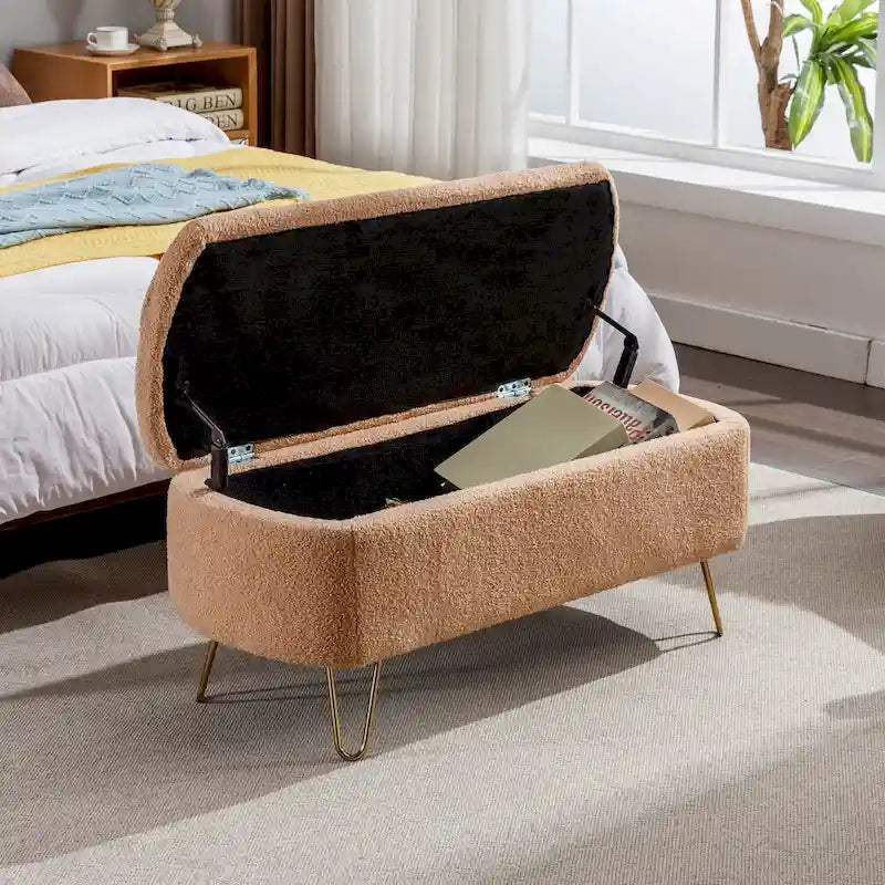 Banc d'entrée en fausse fourrure rembourré avec rangement