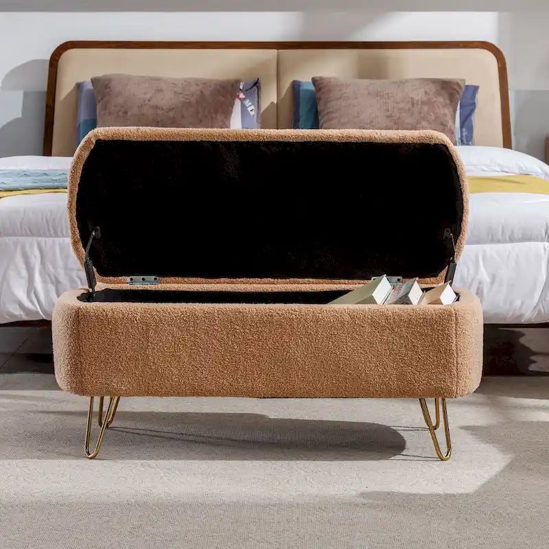Banc d'entrée en fausse fourrure rembourré avec rangement