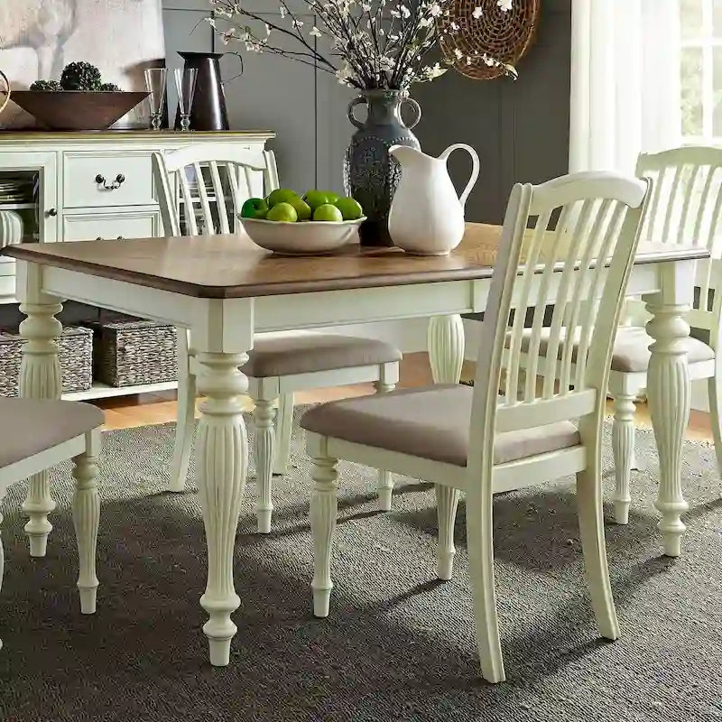 Table de salle à manger rectangulaire avec pieds blancs, couleur noix de muscade
