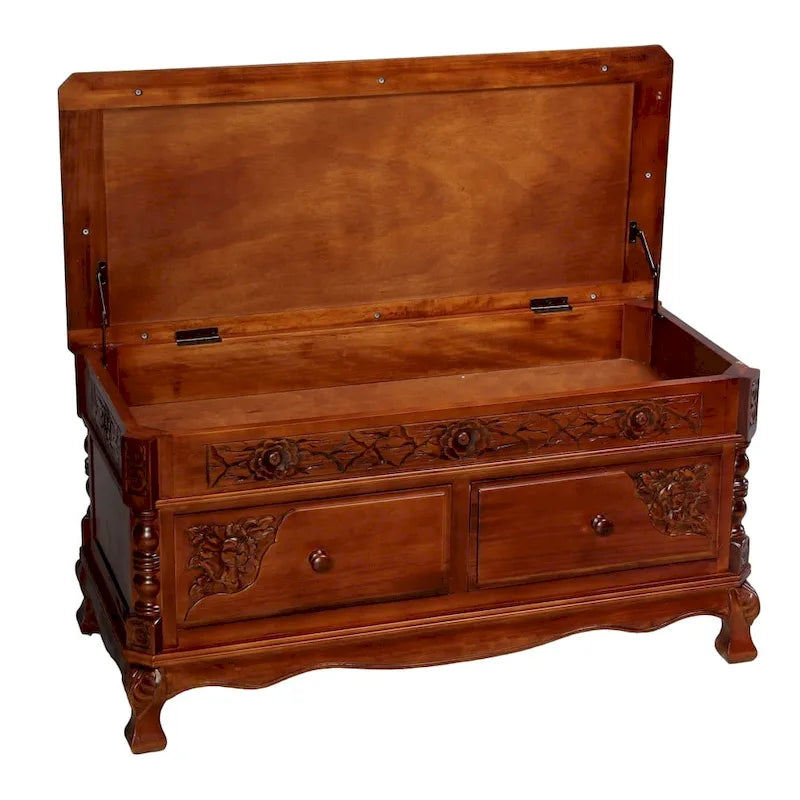 Banc de rangement en bois sculpté