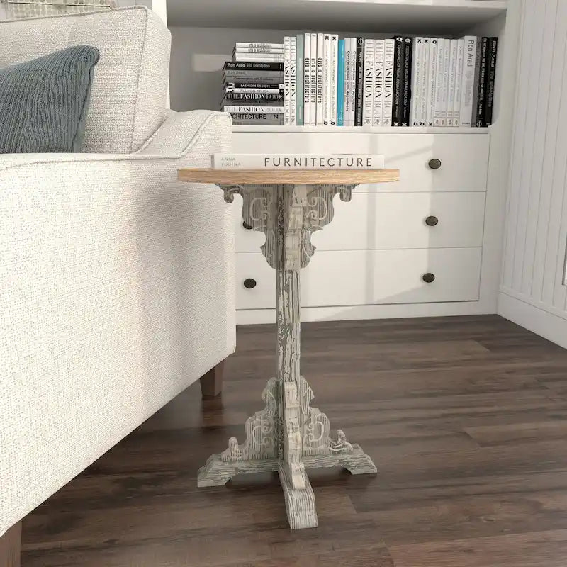 Table d'appoint ou de chevet en bois avec volutes finement sculptées et plateau en bois brun - Gris, blanc, crème