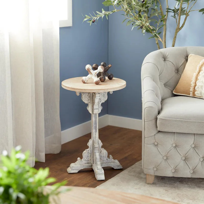 Table d'appoint ou de chevet en bois avec volutes finement sculptées et plateau en bois brun - Gris, blanc, crème