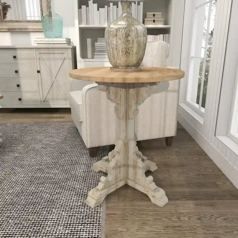 Table d'appoint ou de chevet en bois avec volutes finement sculptées et plateau en bois brun - Gris, blanc, crème