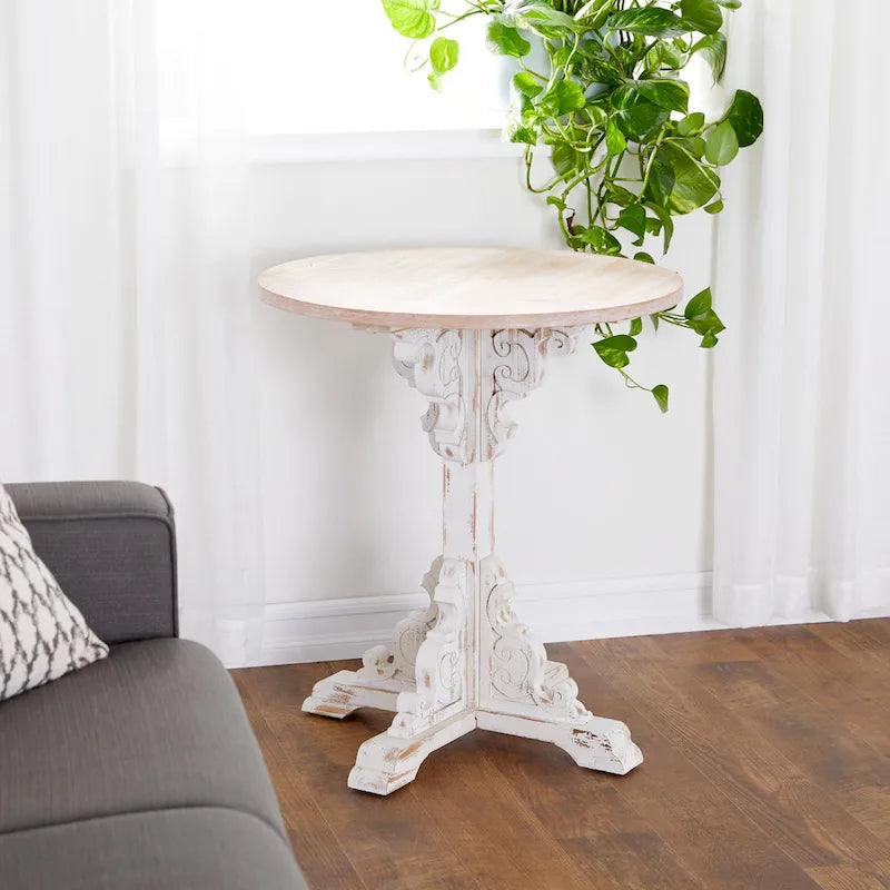 Table d'appoint ou de chevet en bois avec volutes finement sculptées et plateau en bois brun - Gris, blanc, crème