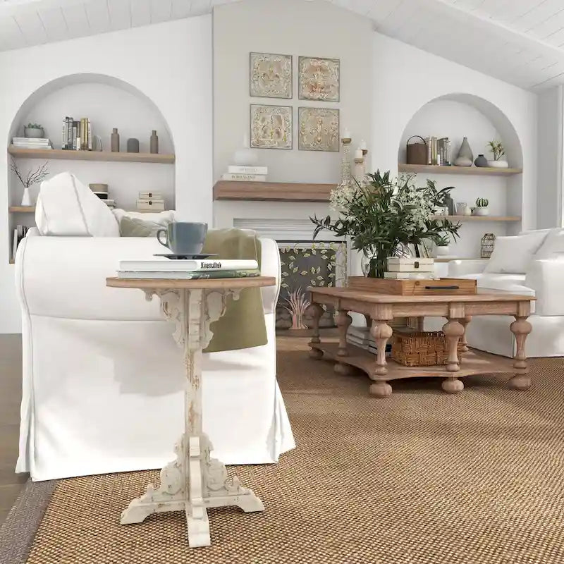 Table d'appoint ou de chevet en bois avec volutes finement sculptées et plateau en bois brun - Gris, blanc, crème