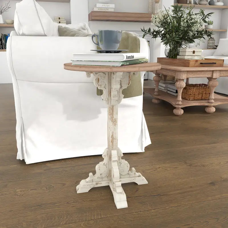 Table d'appoint ou de chevet en bois avec volutes finement sculptées et plateau en bois brun - Gris, blanc, crème