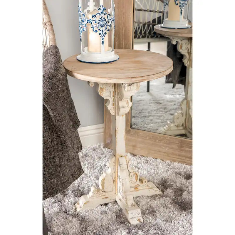 Table d'appoint ou de chevet en bois avec volutes finement sculptées et plateau en bois brun - Gris, blanc, crème