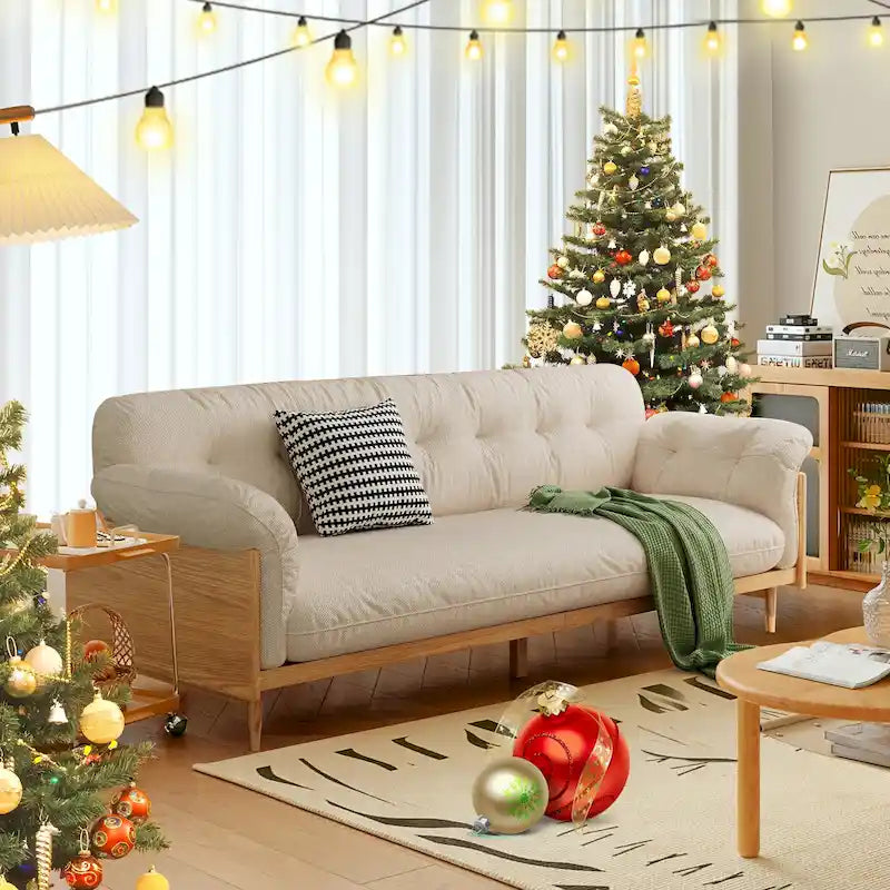 Canapé 3 places moderne en tissu mélangé coton-lin, beige