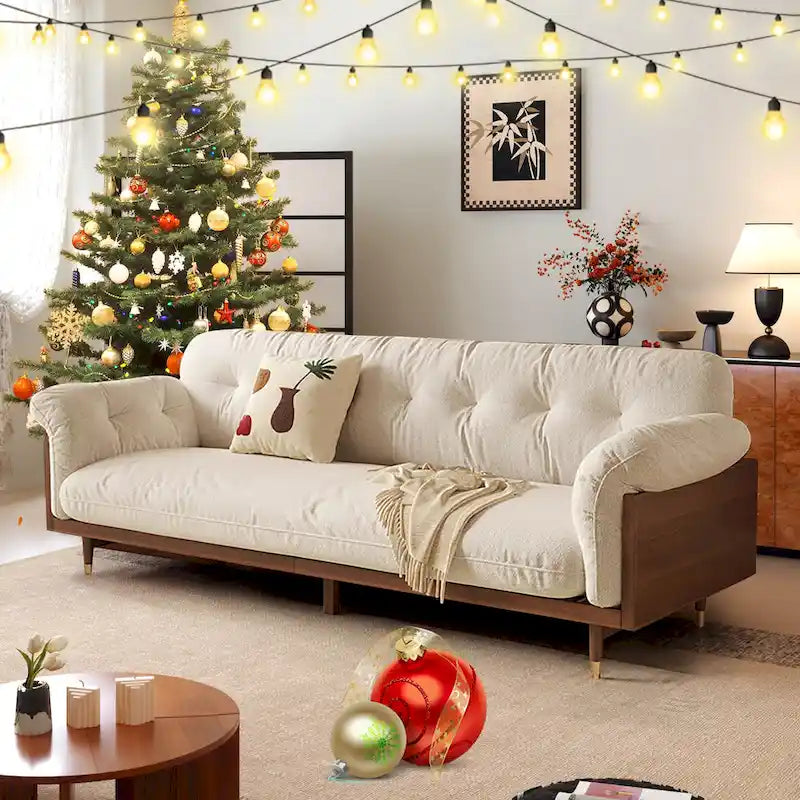 Canapé 3 places moderne en tissu mélangé coton-lin, beige