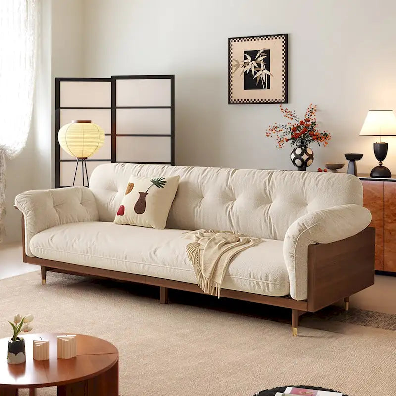 Canapé 3 places moderne en tissu mélangé coton-lin, beige