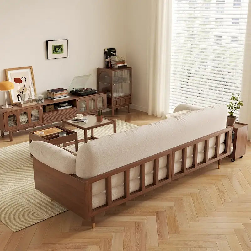 Canapé 3 places moderne en tissu mélangé coton-lin, beige