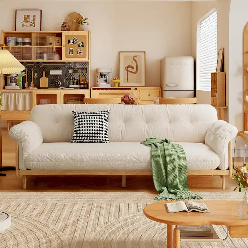Canapé 3 places moderne en tissu mélangé coton-lin, beige