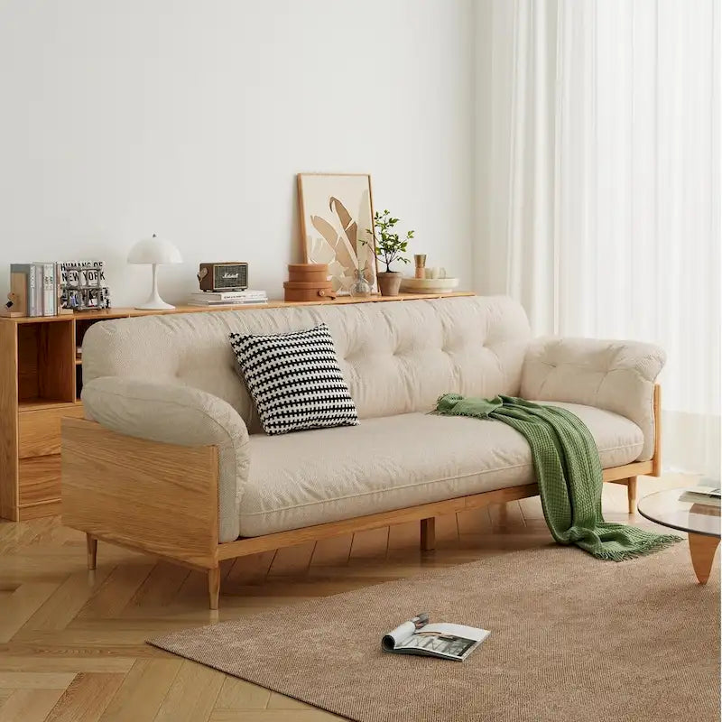 Canapé 3 places moderne en tissu mélangé coton-lin, beige