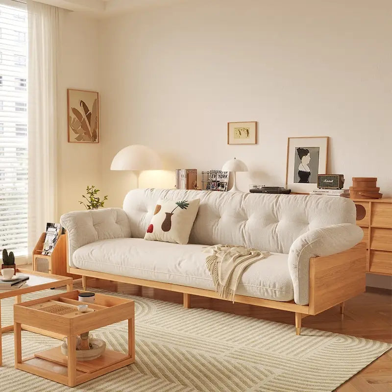 Canapé 3 places moderne en tissu mélangé coton-lin, beige