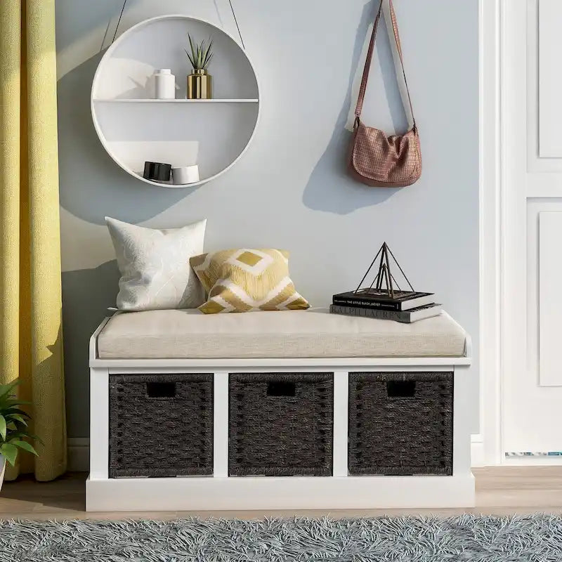 Banc de rangement rustique avec 3 paniers classiques en rotin amovibles, banc d'entrée avec coussin amovible