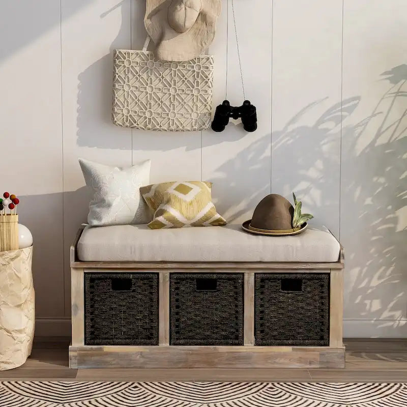Banc de rangement rustique avec 3 paniers classiques en rotin amovibles, banc d'entrée avec coussin amovible