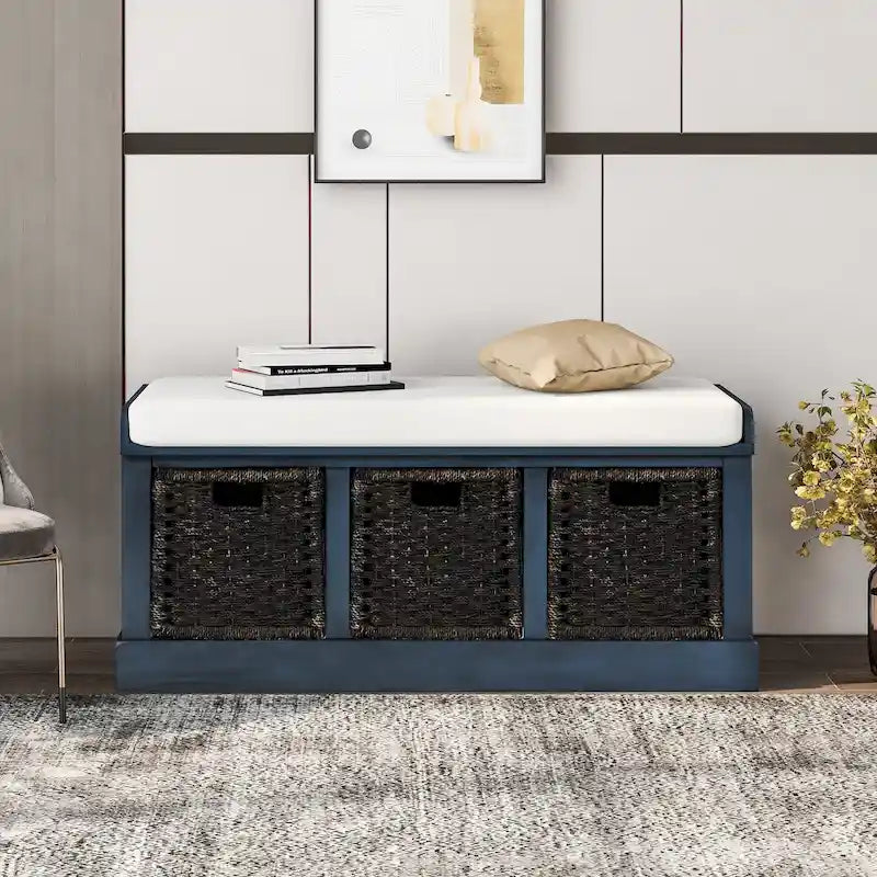 Banc de rangement rustique avec 3 paniers classiques en rotin amovibles, banc d'entrée avec coussin amovible