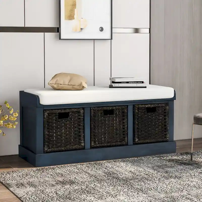 Rustic Storage Bench with 3 Removable Classic Rattan Basket , Entryway Bench with Removable Cushion