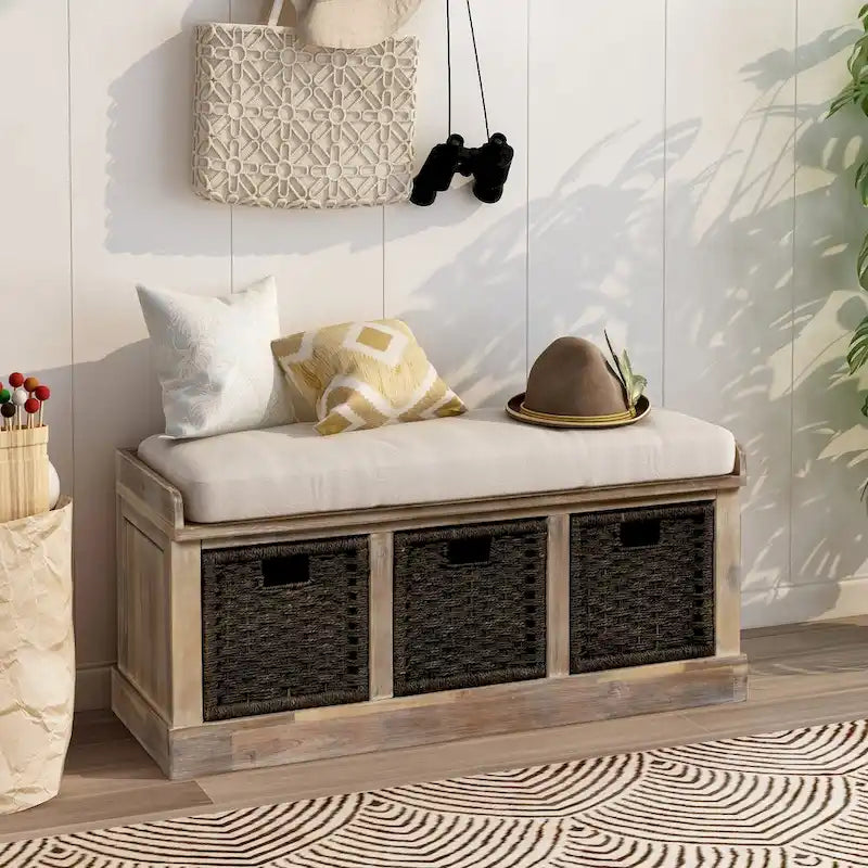 Banc de rangement rustique avec 3 paniers classiques en rotin amovibles, banc d'entrée avec coussin amovible