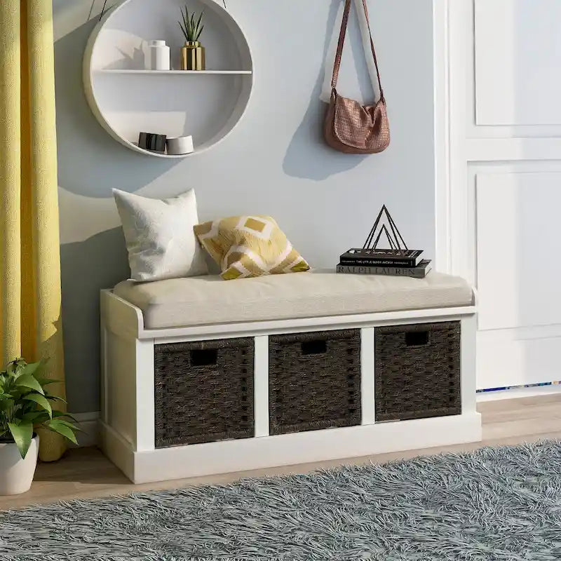 Banc de rangement rustique avec 3 paniers classiques en rotin amovibles, banc d'entrée avec coussin amovible