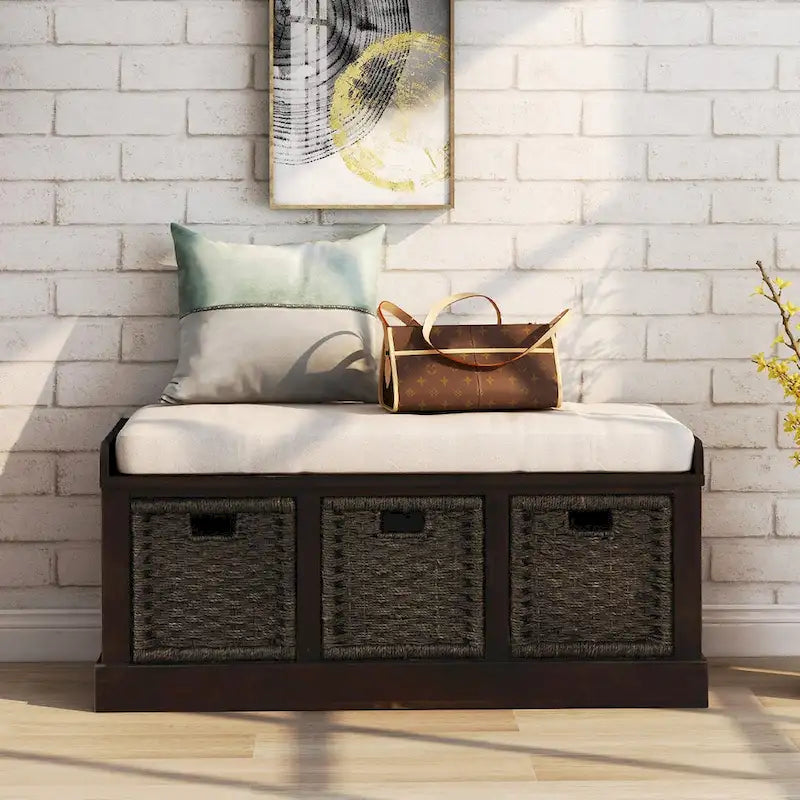 Banc de rangement rustique avec 3 paniers classiques en rotin amovibles, banc d'entrée avec coussin amovible