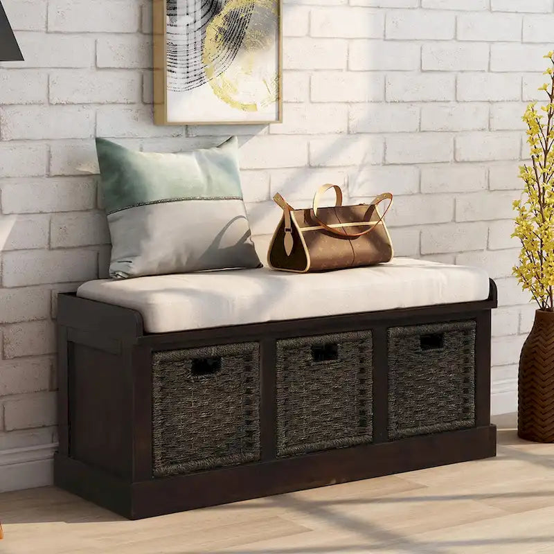 Banc de rangement rustique avec 3 paniers classiques en rotin amovibles, banc d'entrée avec coussin amovible