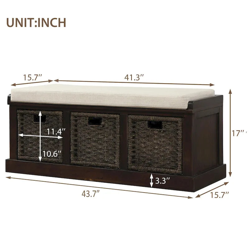 Banc de rangement rustique avec 3 paniers classiques en rotin amovibles, banc d'entrée avec coussin amovible