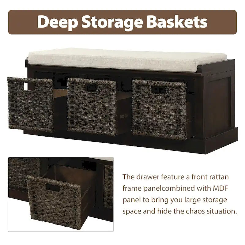 Banc de rangement rustique avec 3 paniers classiques en rotin amovibles, banc d'entrée avec coussin amovible