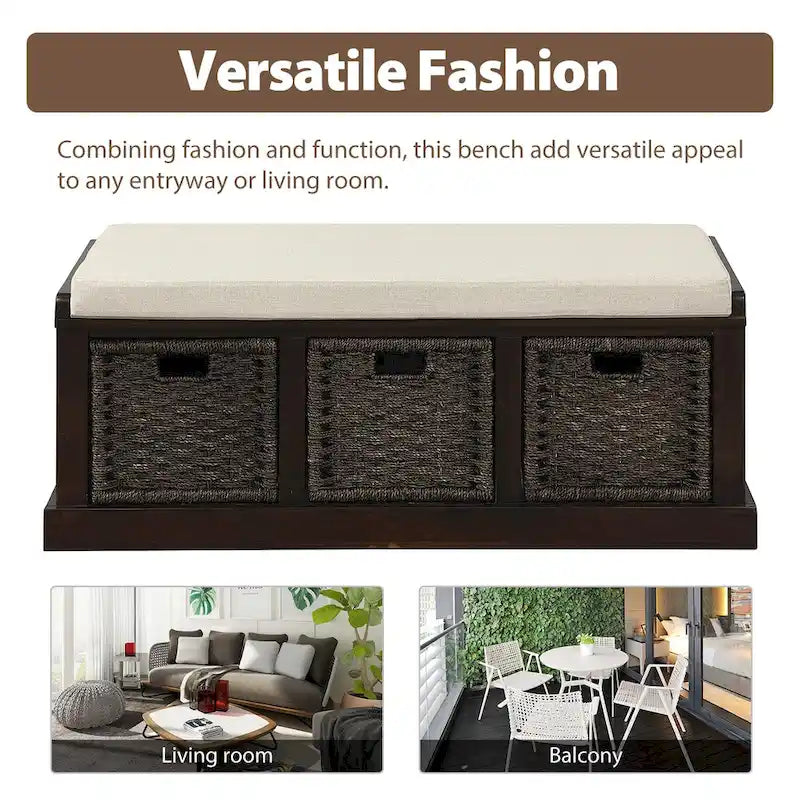 Banc de rangement rustique avec 3 paniers classiques en rotin amovibles, banc d'entrée avec coussin amovible