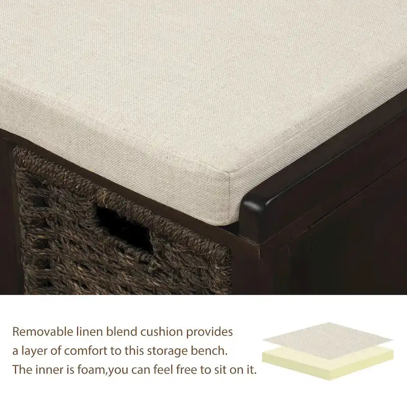 Banc de rangement rustique avec 3 paniers classiques en rotin amovibles, banc d'entrée avec coussin amovible